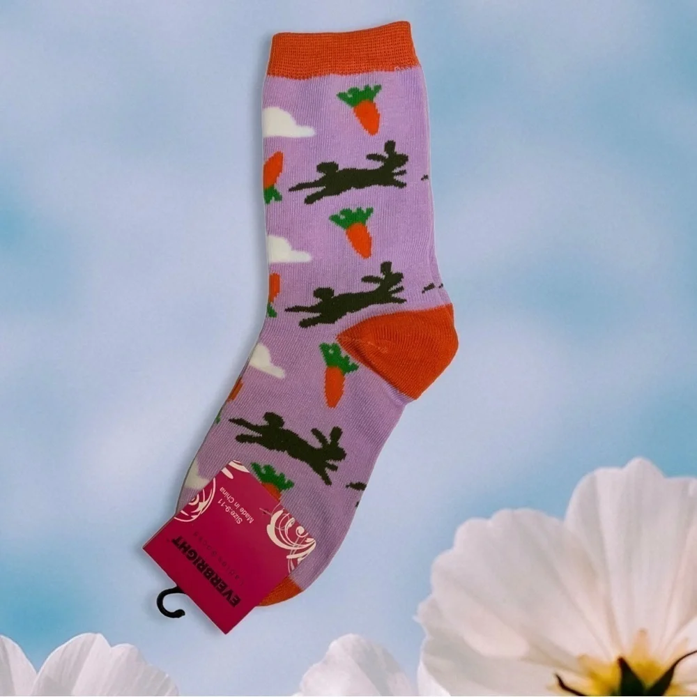 Everbright Easter Socks Women’s Bunny Crew Carrots 9-11 Purple Multicolor